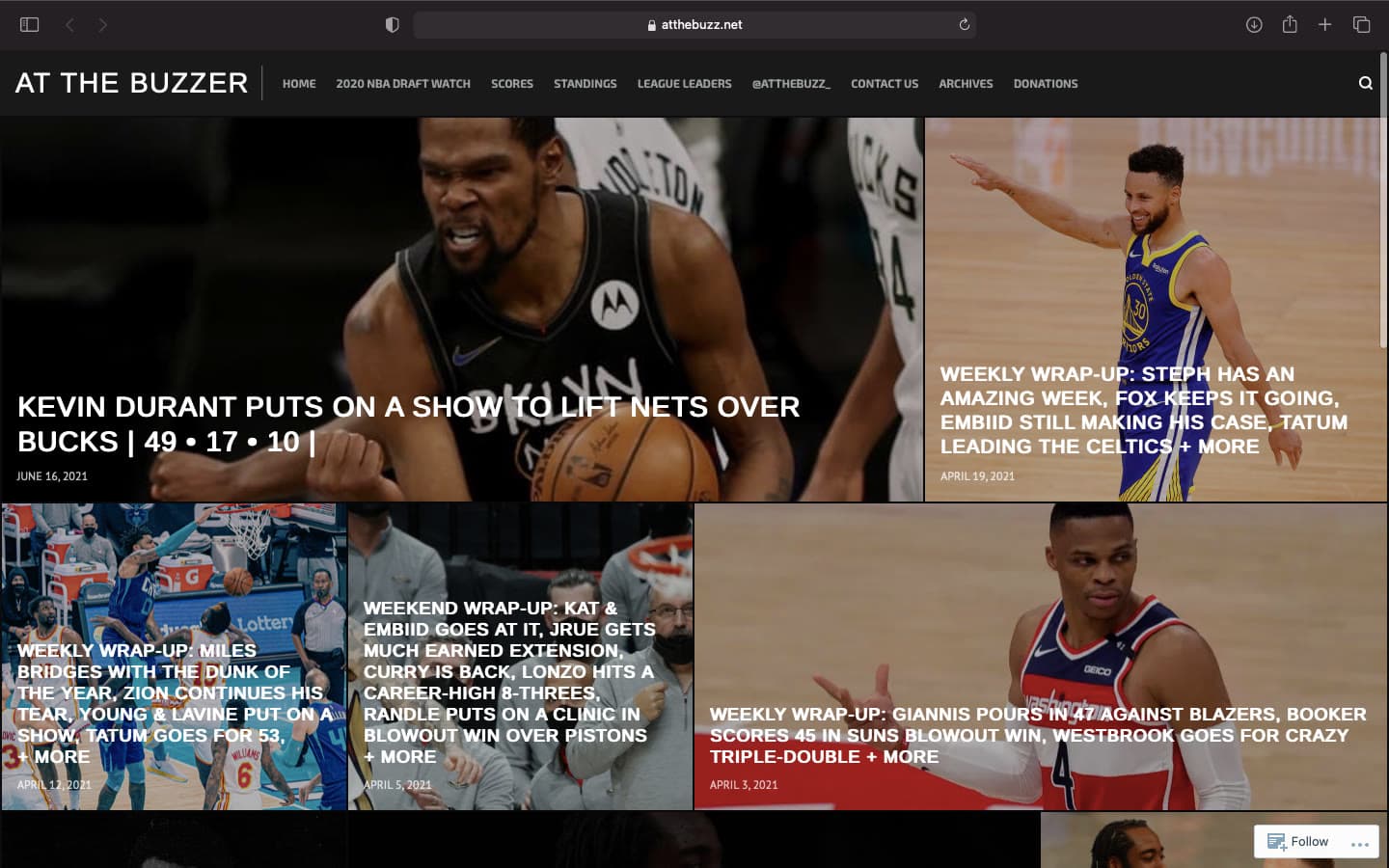 At The Buzzer homepage featuring NBA news and weekly wrap-up stories