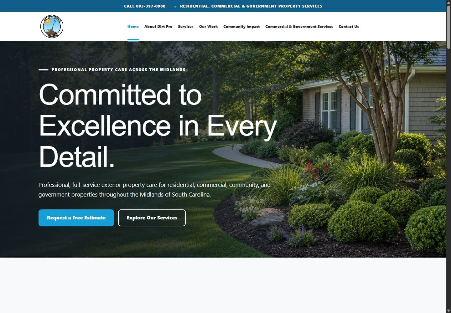 Dirt Professionals responsive homepage displayed at desktop width