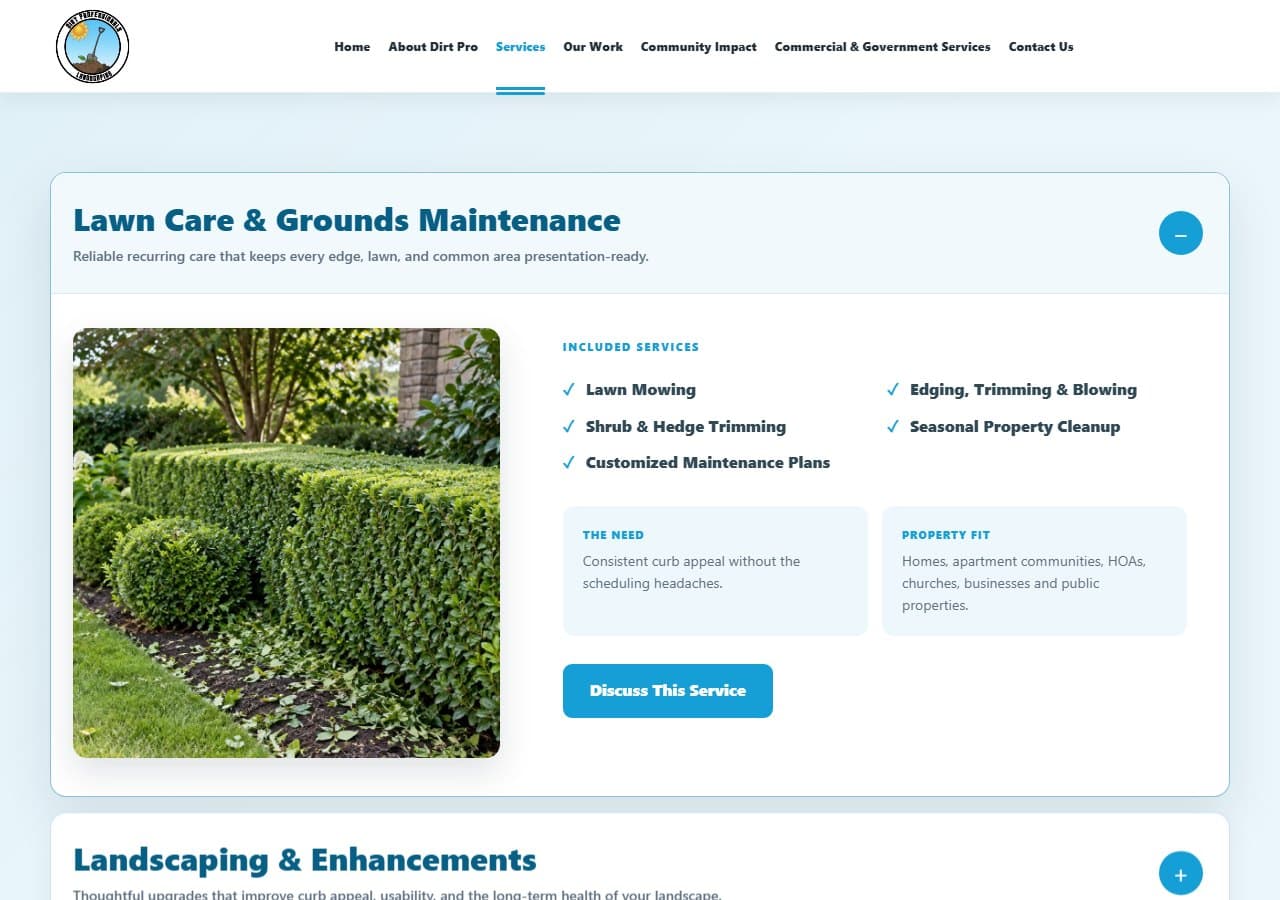 Dirt Professionals services page organizing residential, commercial, community, and government services