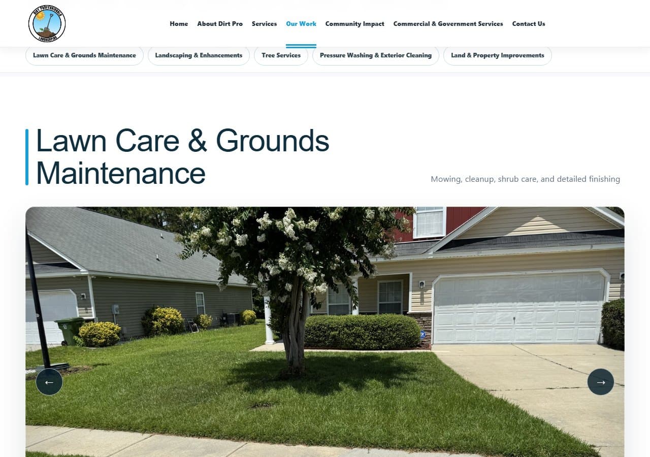 Dirt Professionals Our Work page introducing its project gallery
