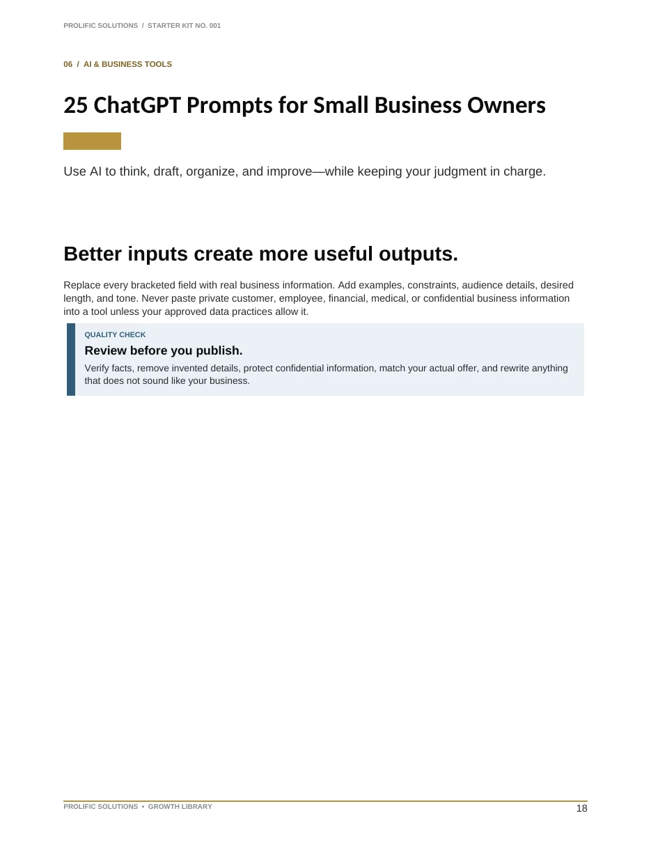 Preview of the ChatGPT Prompts for Small Business Owners page