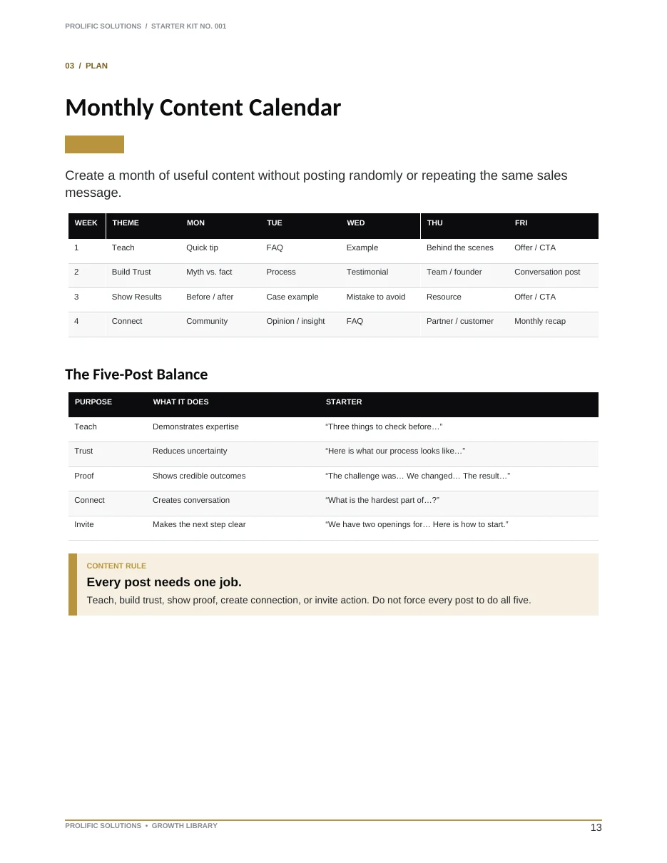 Preview of the Monthly Content Calendar page
