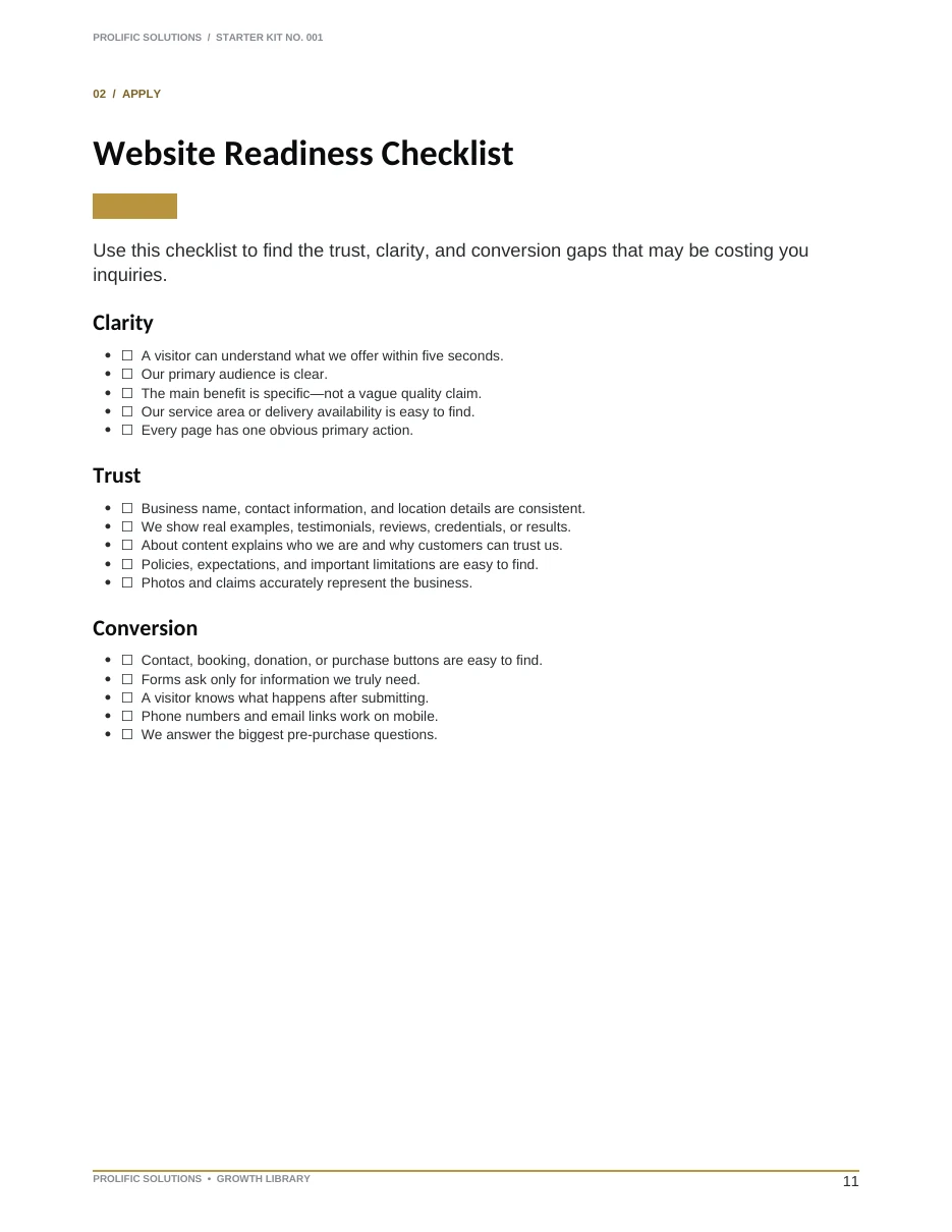 Preview of the Website Readiness Checklist page